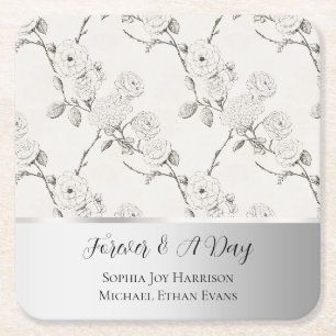 Silver Cream Black Fall Flowers Wedding Square Paper Coaster