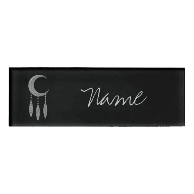 Silver Crescent Moon Feathers Thunder_Cove  Name Tag (Front)