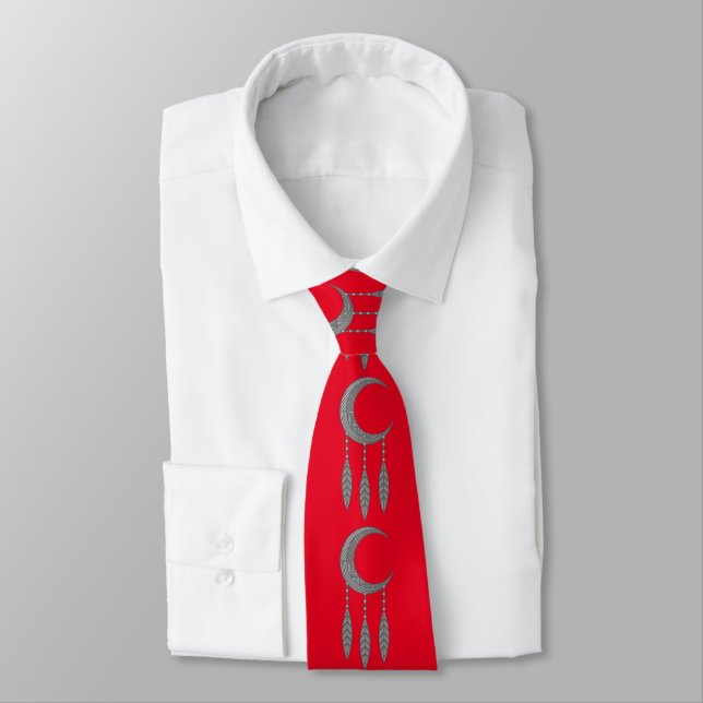 Silver Crescent Moon Feathers Thunder_Cove Tie (Tied)