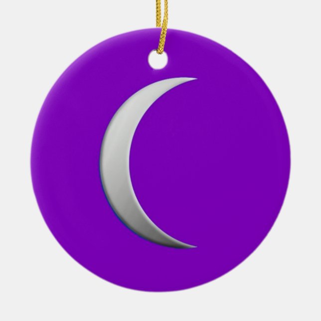 Silver crescent moon - purple background ceramic tree decoration (Front)