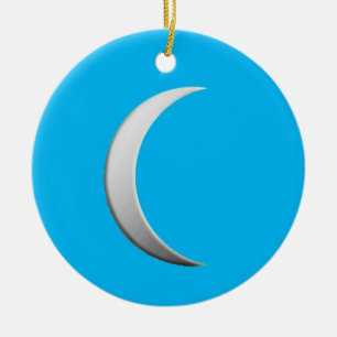 Silver crescent moon - turquoise background ceramic tree decoration