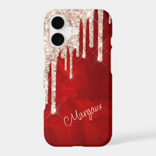 Silver Crimson Glitter Drips on Red Monogram  