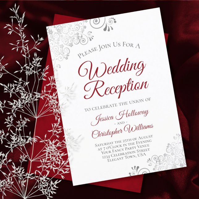 Silver & Crimson Red on White Wedding Reception Invitation (Creator Uploaded)