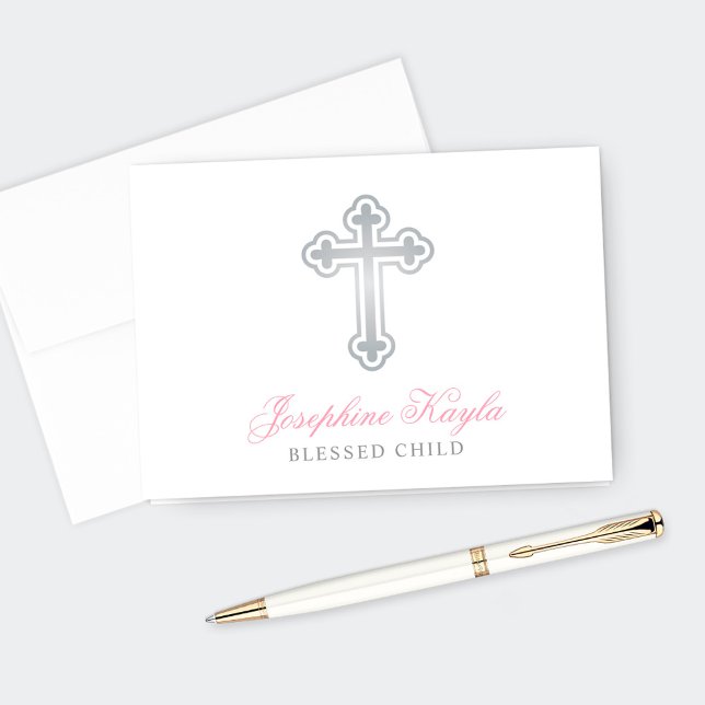Silver Cross Baby Girl Baptism Pink Personalized Thank You Card (Creator Uploaded)