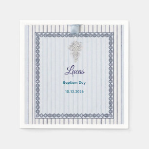 Silver Cross Baptism with Blue Striped Lace paper Napkin