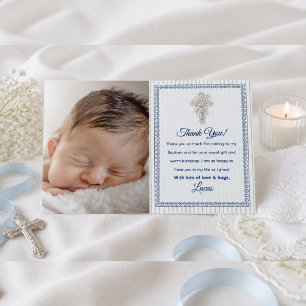Silver Cross Baptism with Blue Striped Lace Thank You Card