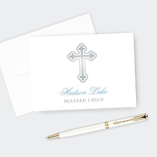 Silver Cross   Blue Baby Boy Baptism Thank You Card