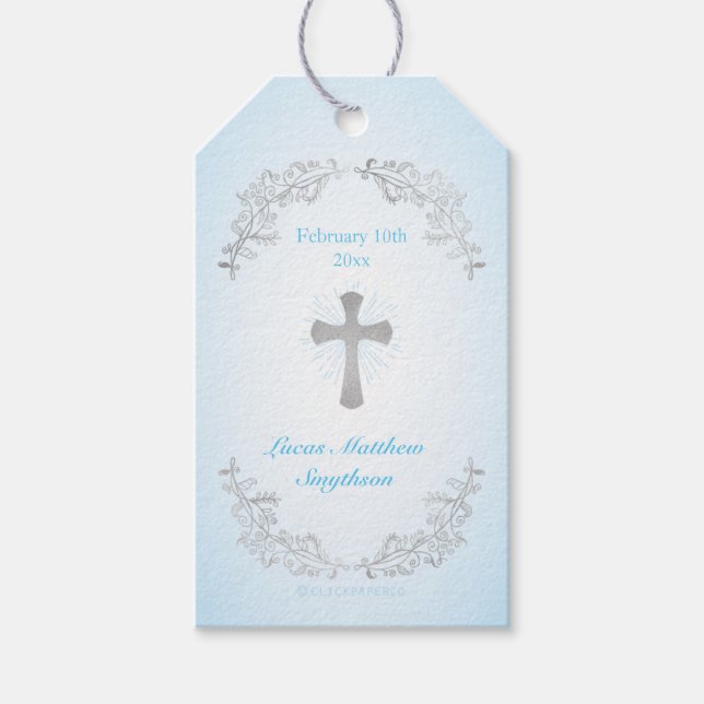 Silver Cross Blue Baptism Gift Tags (Front)