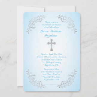Silver Cross Blue Baptism Photo Invitation