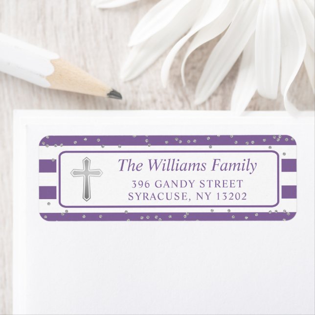 Silver Cross Glitter Purple Stripes Return Address (Insitu)