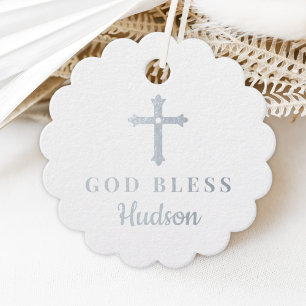Silver Cross God Bless Baby Religious Baptism Favour Tags