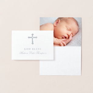 Silver Cross God Bless Baby Religious Baptism Foil Card