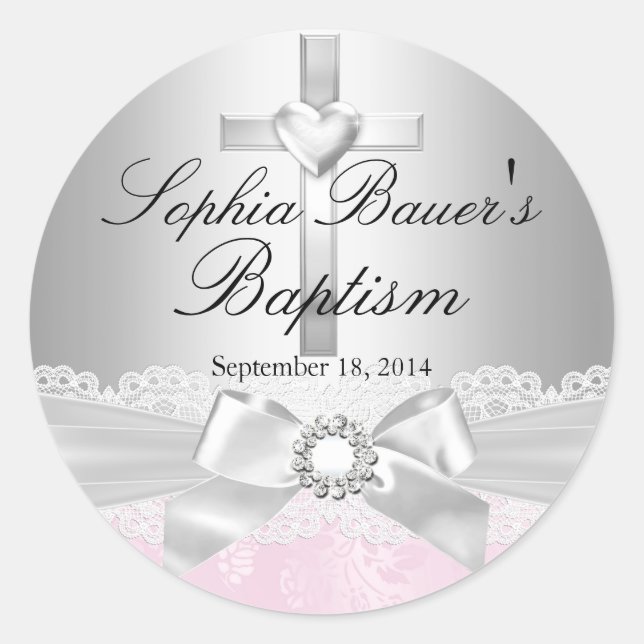 Silver Cross & Lace Bow Baptism Sticker (Front)