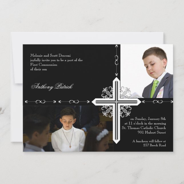 Silver Cross on Black Photo Communion Invitation (Front)