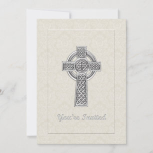Silver Cross on Ivory Damask You're Invited Invitation