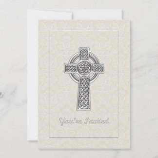 Silver Cross on Ivory Damask You're Invited Invitation