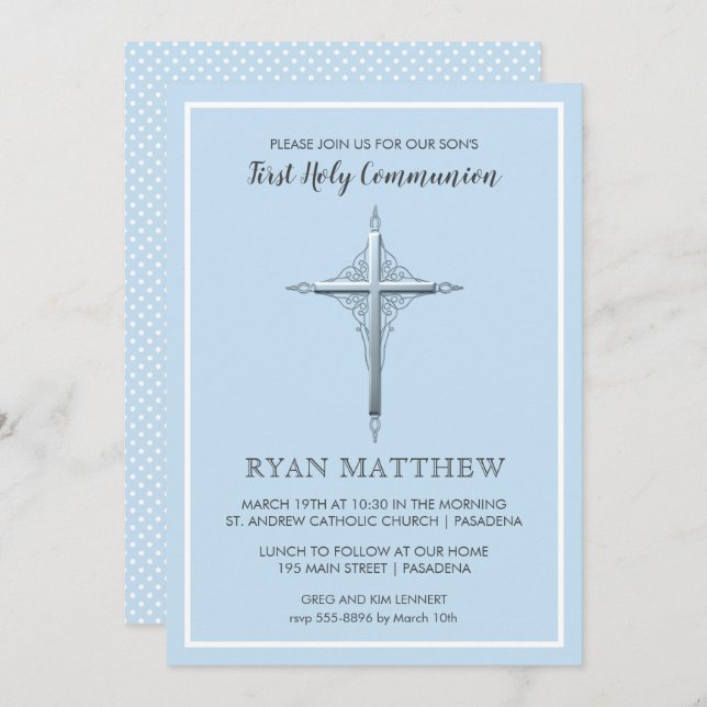 Silver Cross on Pale Blue Communion Invitations (Front/Back)
