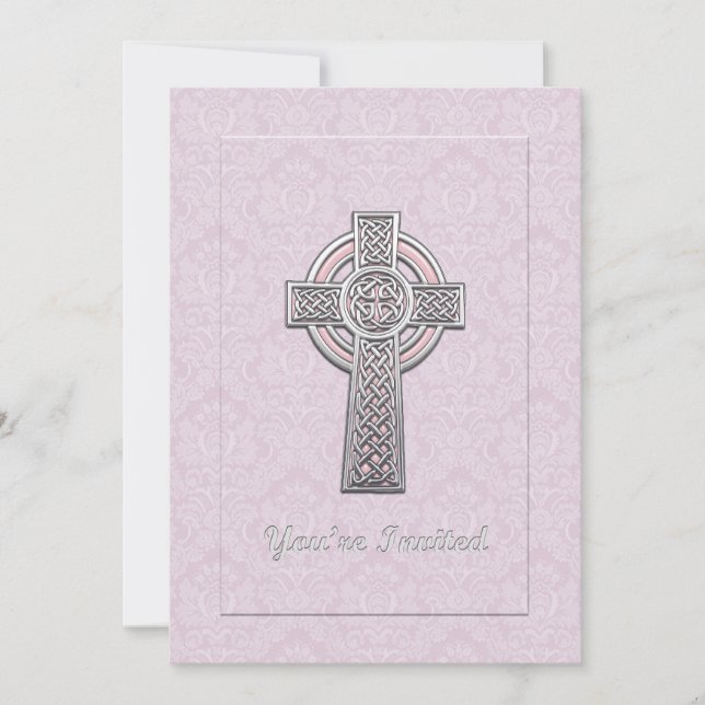 Silver Cross on Pink Damask You're Invited Invitation (Front)