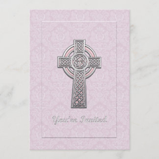 Silver Cross on Pink Damask You're Invited Invitation