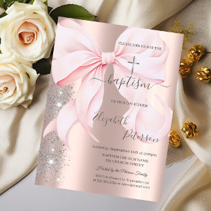 Silver Cross Pink Bow Rose Gold Glitter Dust  Invitation