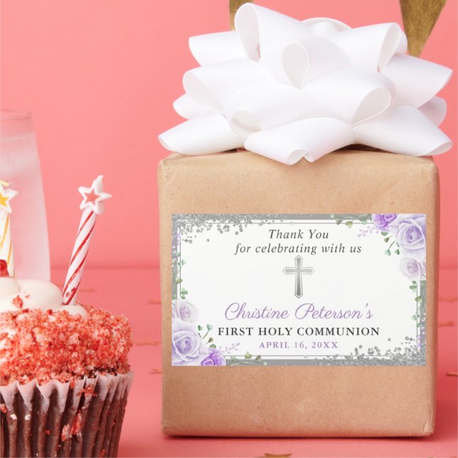 Silver Cross Purple Floral First Holy Communion Rectangular Sticker (Party)