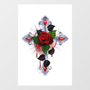 Silver Cross with a Red Rose
