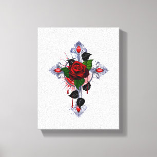 Silver Cross with a Red Rose Canvas Print