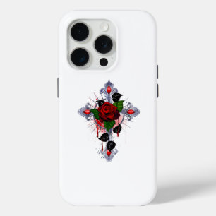 Silver Cross with a Red Rose iPhone 15 Pro Case