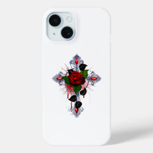 Silver Cross with a Red Rose iPhone 15 Case