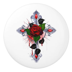Silver Cross with a Red Rose Ceramic Knob