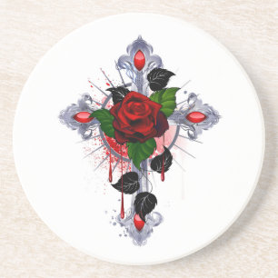 Silver Cross with a Red Rose Coaster