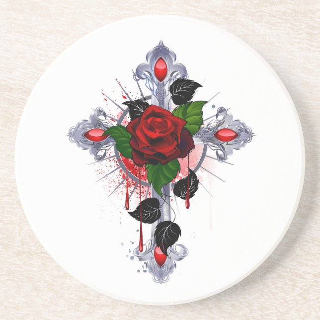 Silver Cross with a Red Rose Coaster (Front)