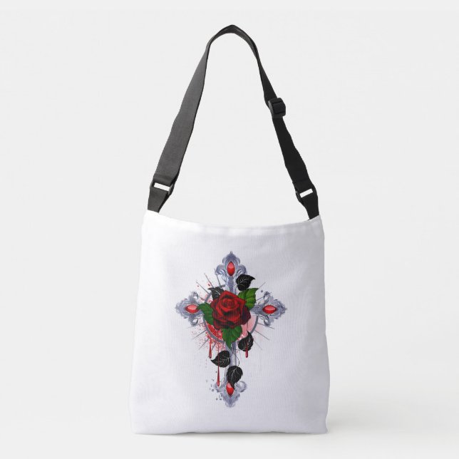 Silver Cross with a Red Rose Crossbody Bag (Front)