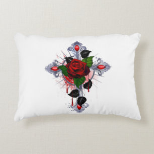 Silver Cross with a Red Rose Decorative Cushion