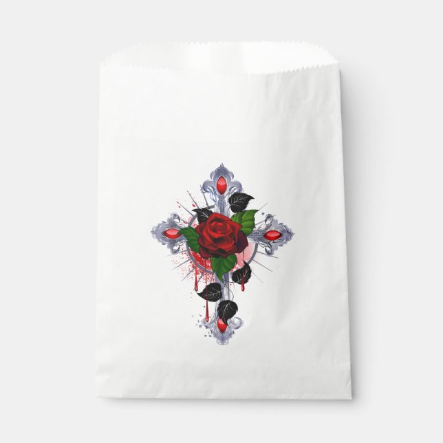 Silver Cross with a Red Rose Favour Bags (Front)