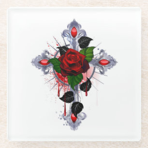 Silver Cross with a Red Rose Glass Coaster