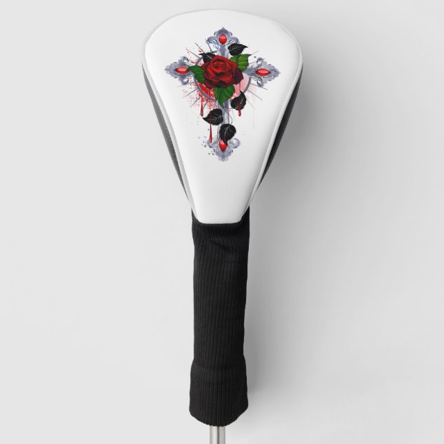 Silver Cross with a Red Rose Golf Head Cover (Front)