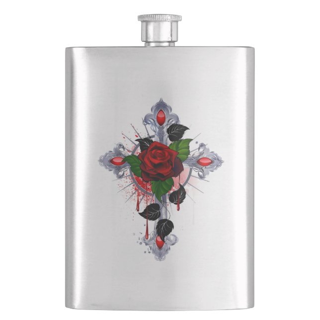 Silver Cross with a Red Rose Hip Flask (Front)