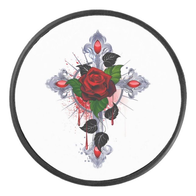 Silver Cross with a Red Rose Hockey Puck (Front)