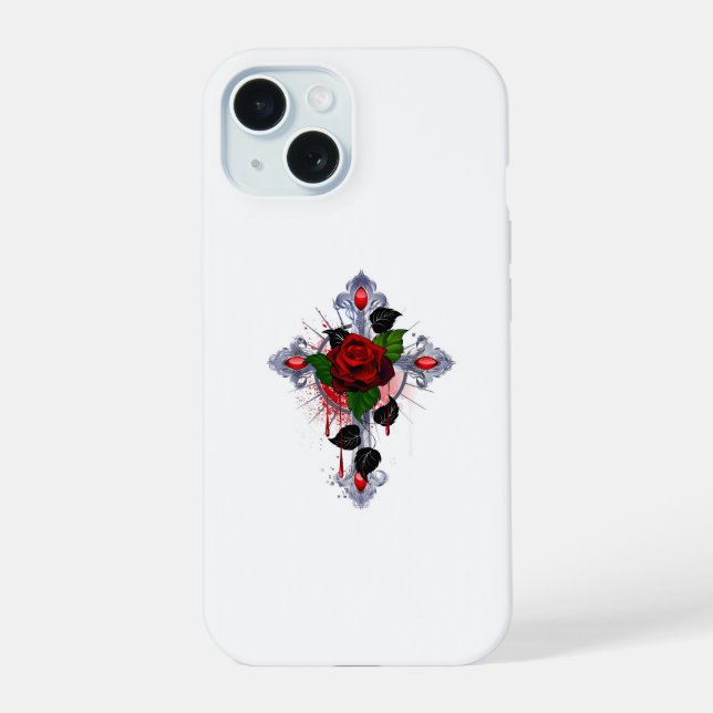 Silver Cross with a Red Rose iPhone 15 Case (Back)