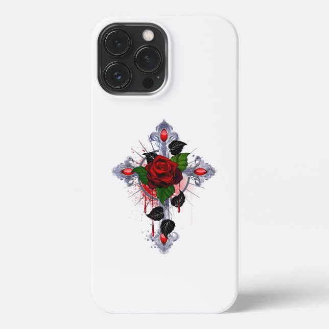 Silver Cross with a Red Rose iPhone Case (Back)