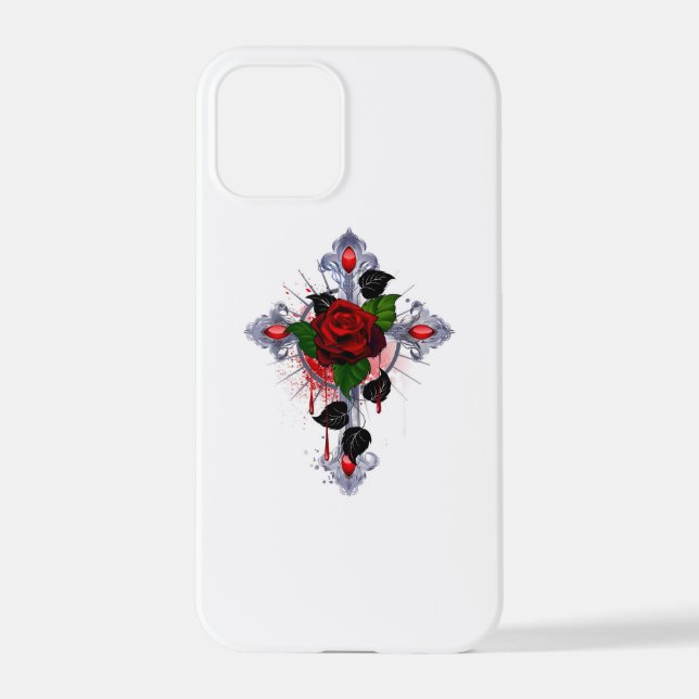 Silver Cross with a Red Rose iPhone Case (Back)