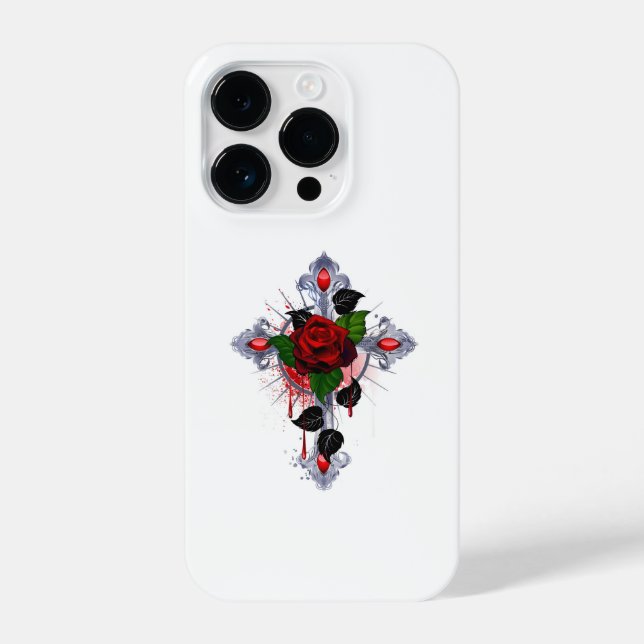 Silver Cross with a Red Rose iPhone Case (Back)