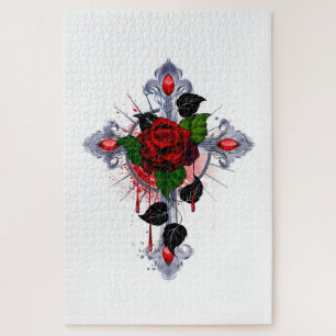 Silver Cross with a Red Rose Jigsaw Puzzle