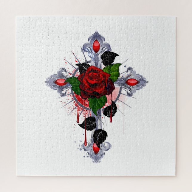 Silver Cross with a Red Rose Jigsaw Puzzle (Vertical)