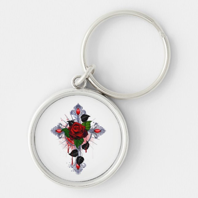 Silver Cross with a Red Rose Key Ring (Front)