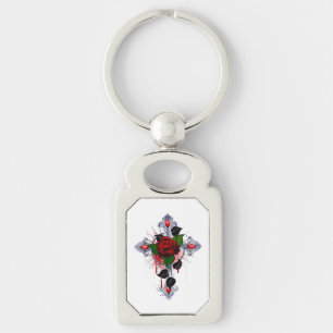 Silver Cross with a Red Rose Key Ring