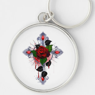 Silver Cross with a Red Rose Key Ring