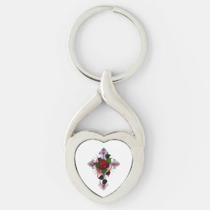 Silver Cross with a Red Rose Key Ring