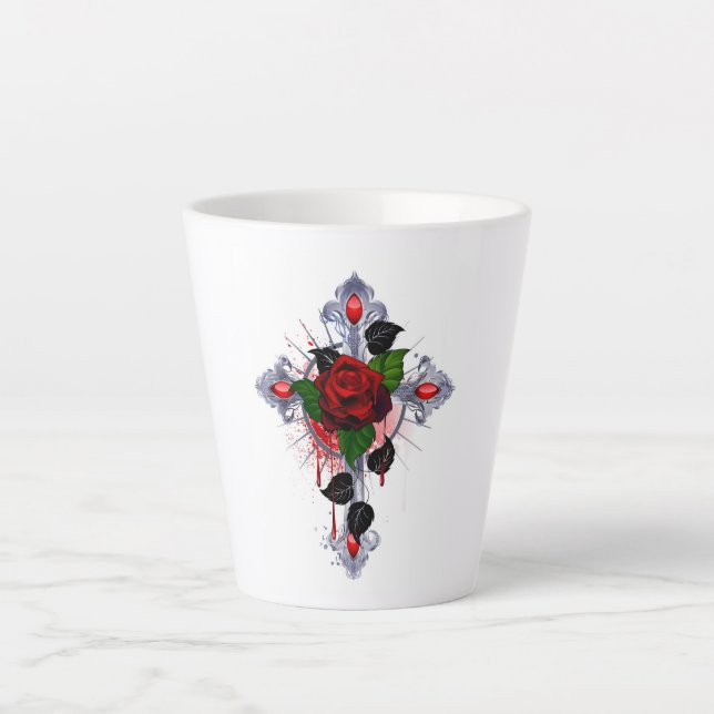 Silver Cross with a Red Rose Latte Mug (Front)